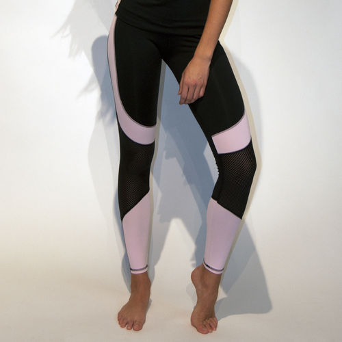 Ladies legging – black with black mesh and pink panels